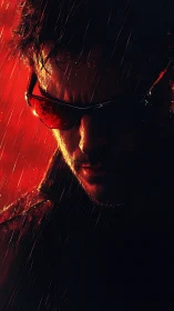 Neo-noir cyberpunk portrait in high-contrast rain lighting.