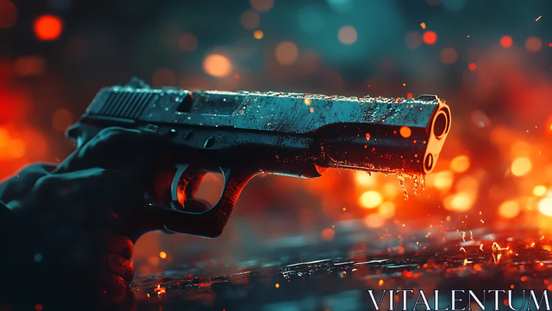 Cinematic Action Shot of Sleek Firearm with Dramatic Lighting.