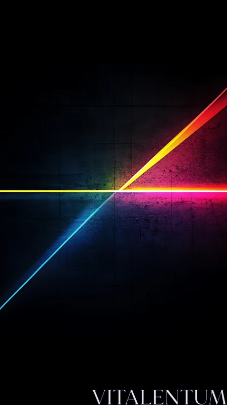 Intersecting neon light vectors cut across dark textured field