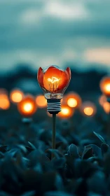 Glowing cracked light bulb blooms over teal foliage at dusk.