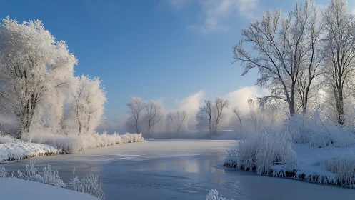 Snow covered riverside trees stand beside a frozen waterway