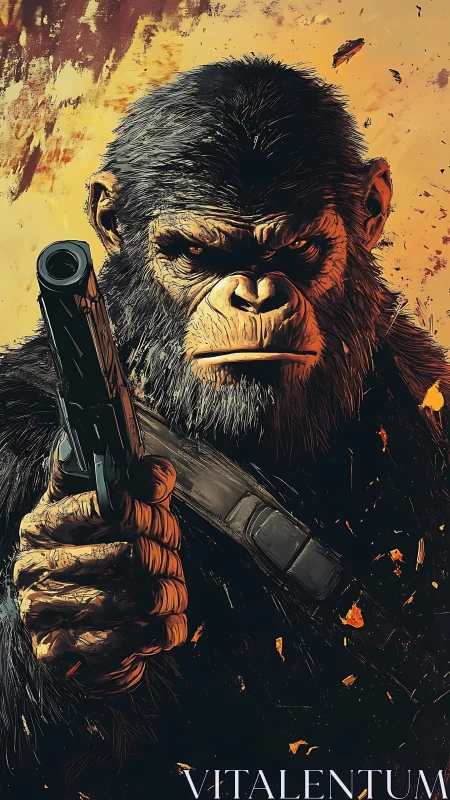 Armed chimpanzee grips handgun and stares forward