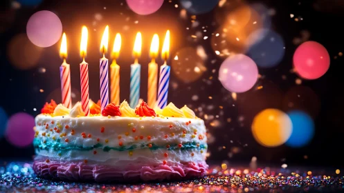 Illuminated Birthday Cake with Seven Striped Candles and Bokeh Light Particles.