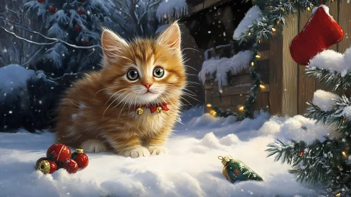 Ginger kitten in snow with illuminated festive ornaments.