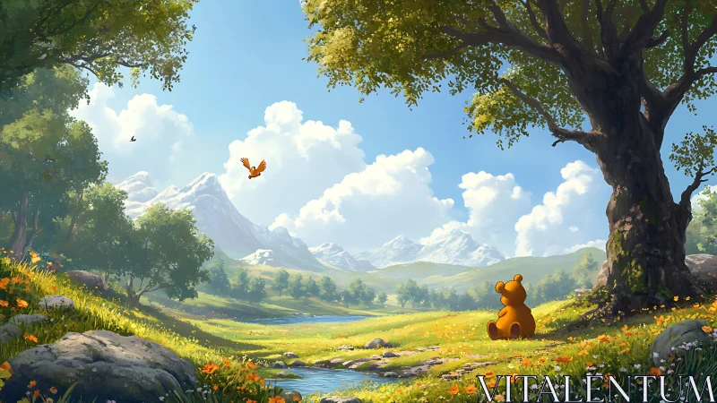 Gentle bear beneath oak tree in luminous alpine valley.