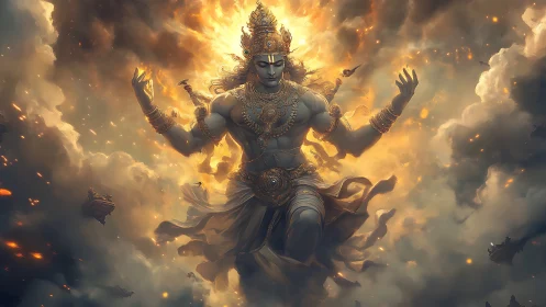 Divine warrior deity emerging through blazing storm clouds.