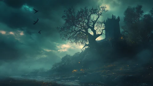Stormlit ruined tower and dead tree rendered in moody fantasy