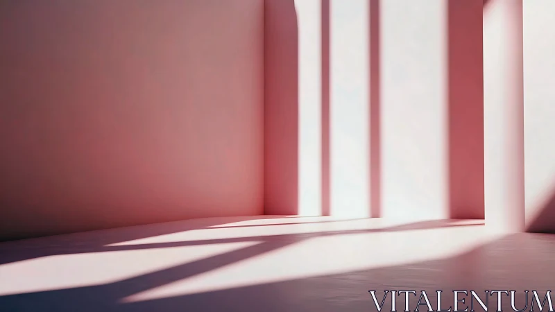 Sunlit minimal pink corridor with elongated geometric shadows