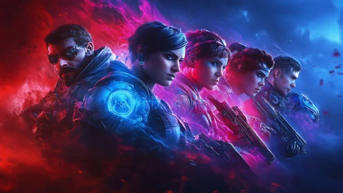 Bold sci fi squad stands united in glowing red and blue light