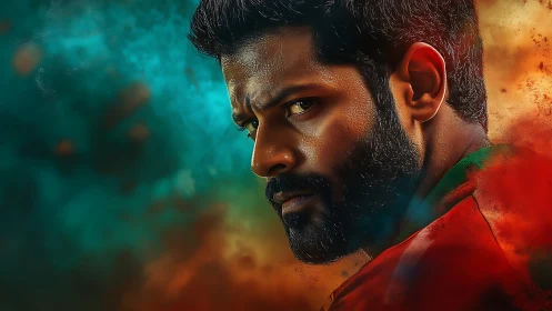 Intense male portrait with cinematic teal orange gradient lighting