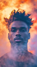Moody portrait of man framed by vivid orange smoke.