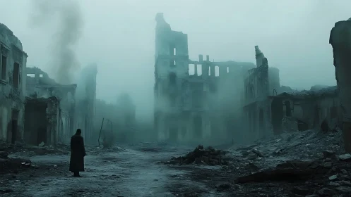 Solitary figure walks through misty ruins after devastation