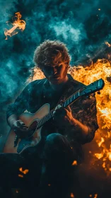Guitarist plays through swirling fire and smoke on dark stage