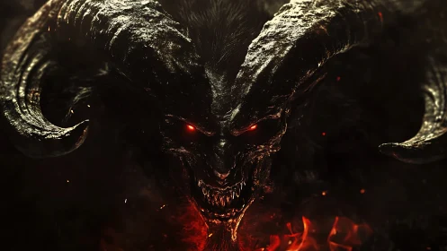 Horned demonic creature with burning eyes in darkness.