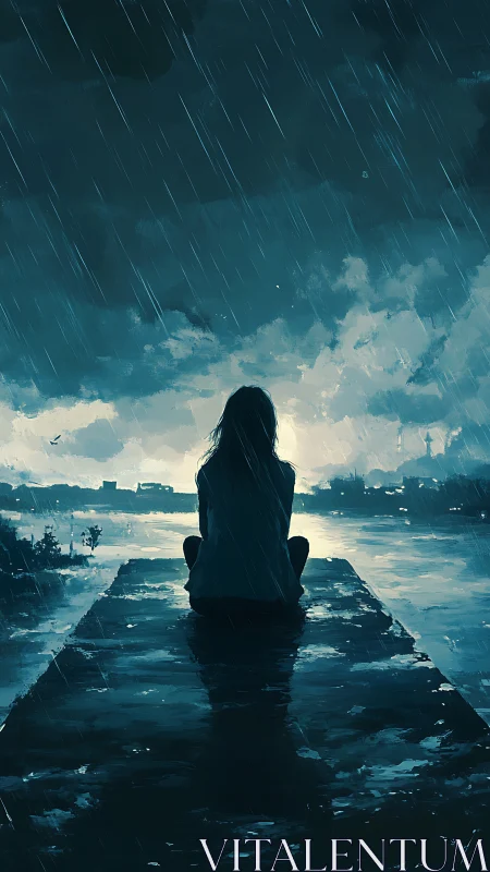 Solitary figure on pier beneath stormlit twilight rain.