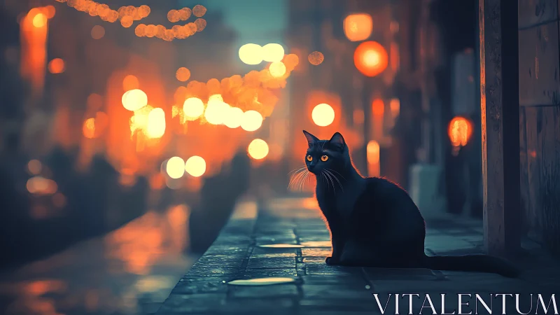 Black Cat Seated on Wet Urban Street at Dusk