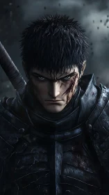 Armored warrior portrait renders intense, battle-worn resolve