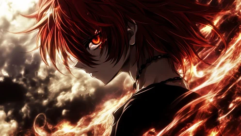 Flaming-haired anime profile isolates amid turbulent inferno clouds