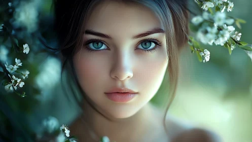Digital portrait of blue eyed woman framed by blossoms.