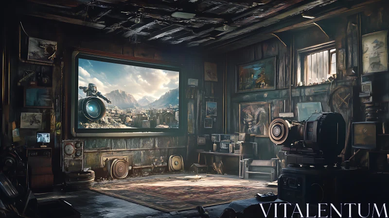 Dark studio interior shows large sci-fi scene on wall display