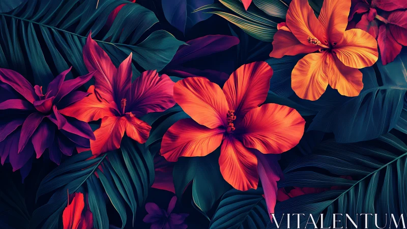 Digital hibiscus composition renders layered tropical flowers with vibrant warm gradients