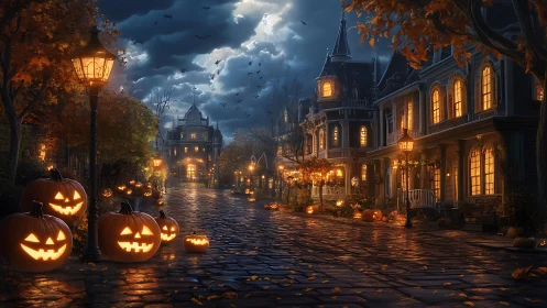 Halloween street glows under jack o lantern light and storm clouds