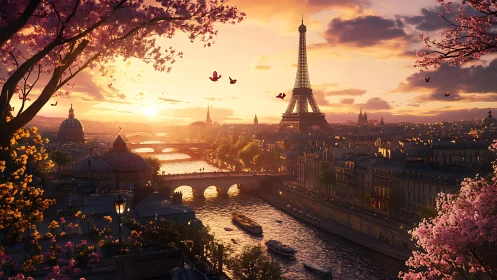 Golden hour over Paris in bloom, where river light sings.