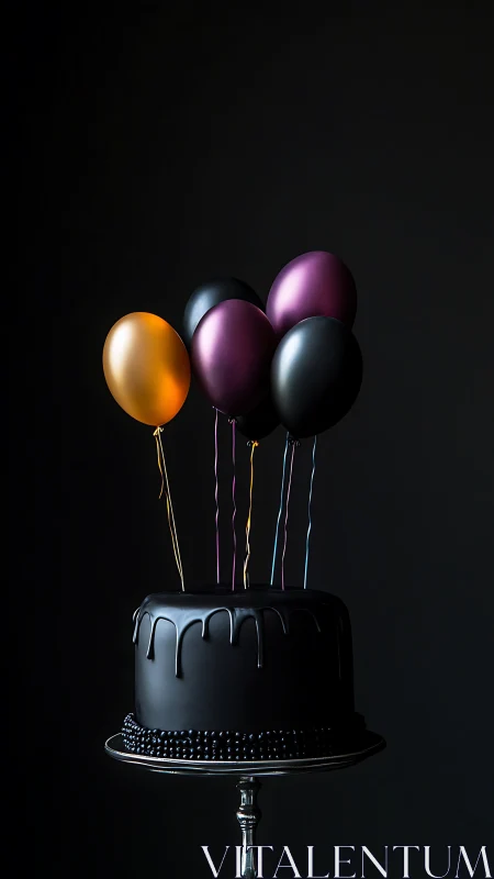 Dark Celebration: Metallic Balloons and Dripping Chocolate Cake.