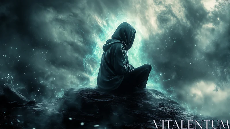 Hooded silhouette amid turbulent teal energy vortex field.