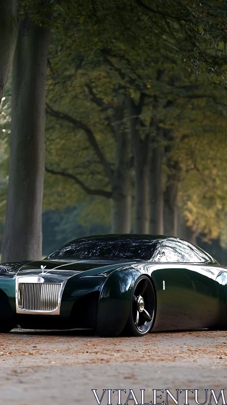 Aerodynamic luxury grand tourer beneath ordered tree canopy.