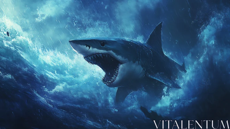 Hydrodynamic shark breach amid turbulent storm surge rendering.