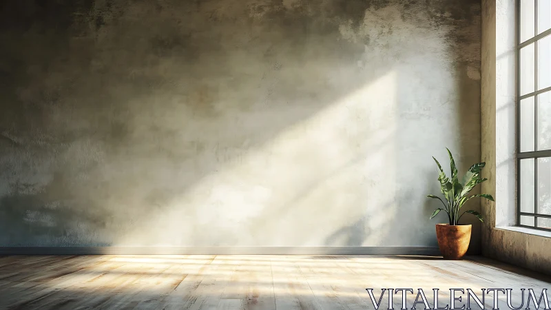 Sunlight enters empty interior, illuminating plant and floor