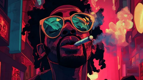 Neon city swagger with bold sunglasses and drifting smoke.