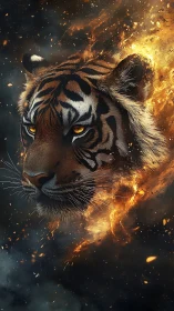Tiger head emerges from swirling fire and smoke