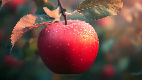 Ripe red apple glows with morning dew and soft bokeh.