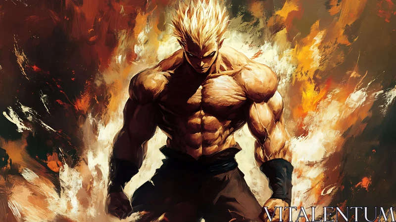 Storm-lit warrior rising from swirling painted flames.