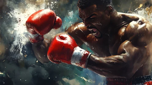 Two boxers engage in combat with red gloves during match.