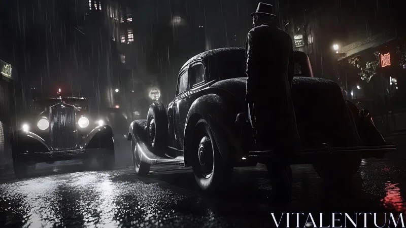 Rain-soaked noir street scene welcomes a shadowy encounter