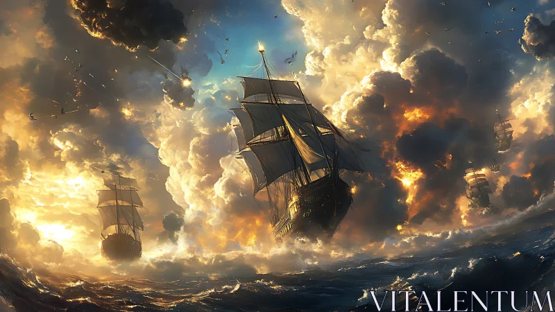 Storm-lit tall ships sail through erupting clouds of fire.