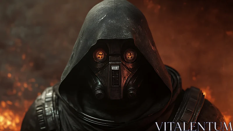 Hooded armored figure in gas mask before fiery backdrop.