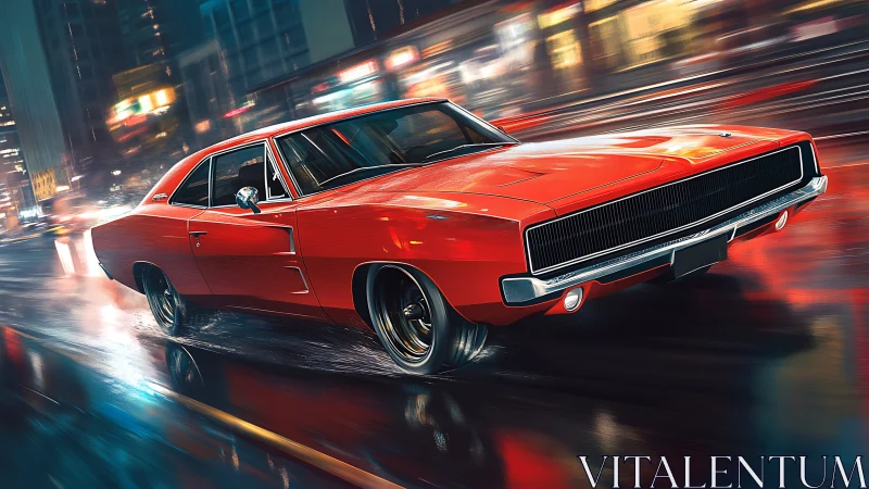 Digital painting of red muscle car on neon urban wet street.