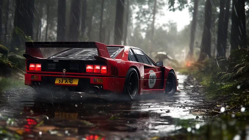 Rain-soaked rally supercar traversing reflective forest track.