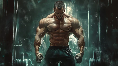 Digital painting of hyper-defined bodybuilder in moody gym lighting.