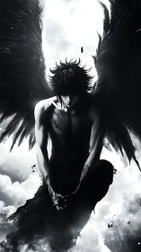 Dark winged male figure crouches against bright clouded sky