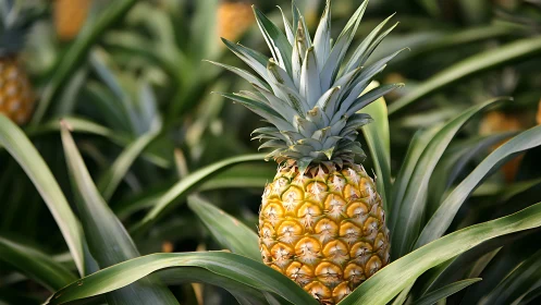 Ripe pineapple fruit grows among long linear green leaves