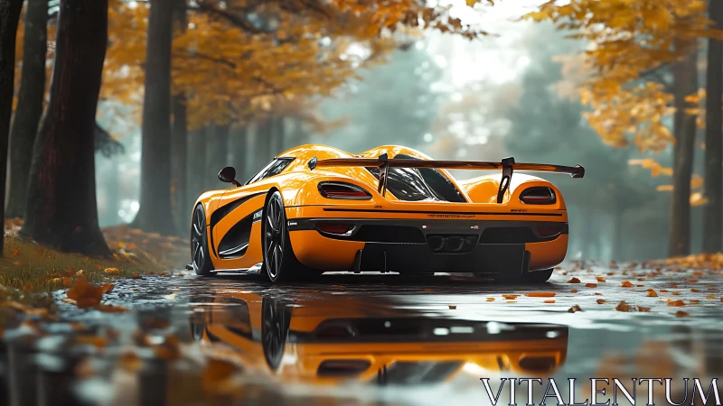 Orange supercar sits on wet forest road with autumn leaves