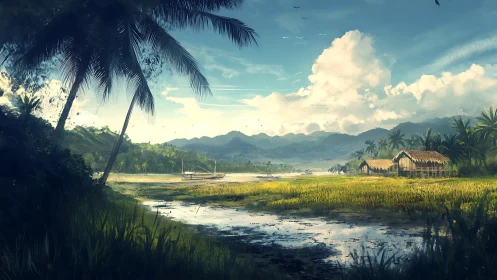 Tropical valley settlement with rice paddy landscape, mountains and palm trees