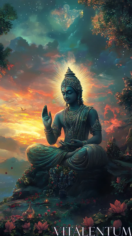 Celestial blue deity meditates amid volumetric sunset sky and lotus