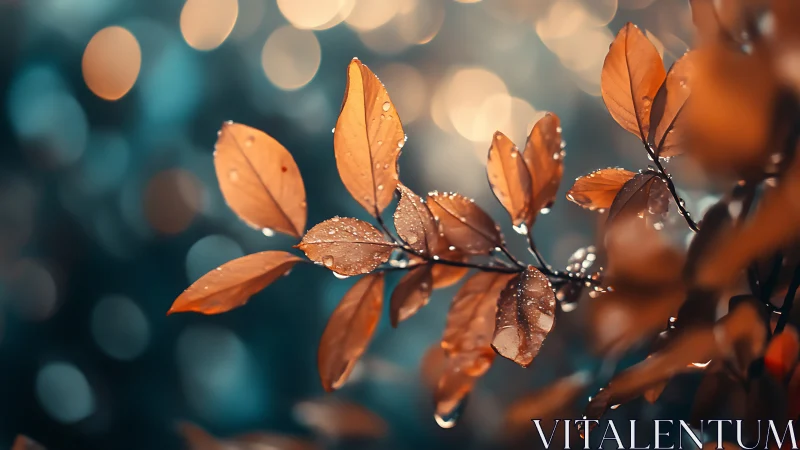 Golden autumn leaves glisten softly against teal bokeh.