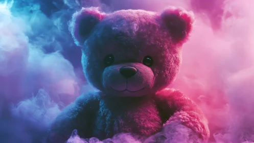 Plush teddy bear in colored fog under studio lighting.